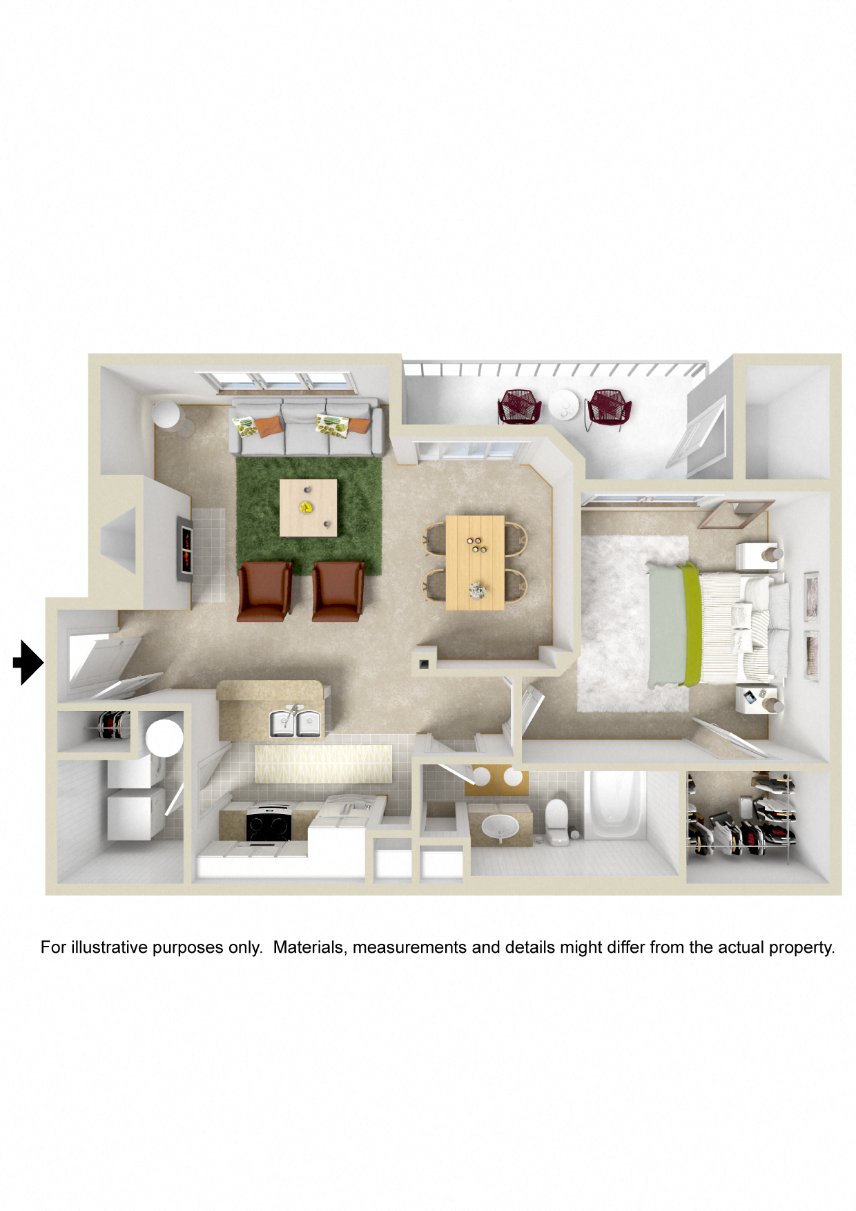Floor plan for 1 bed, 1 bath, 793 sqft